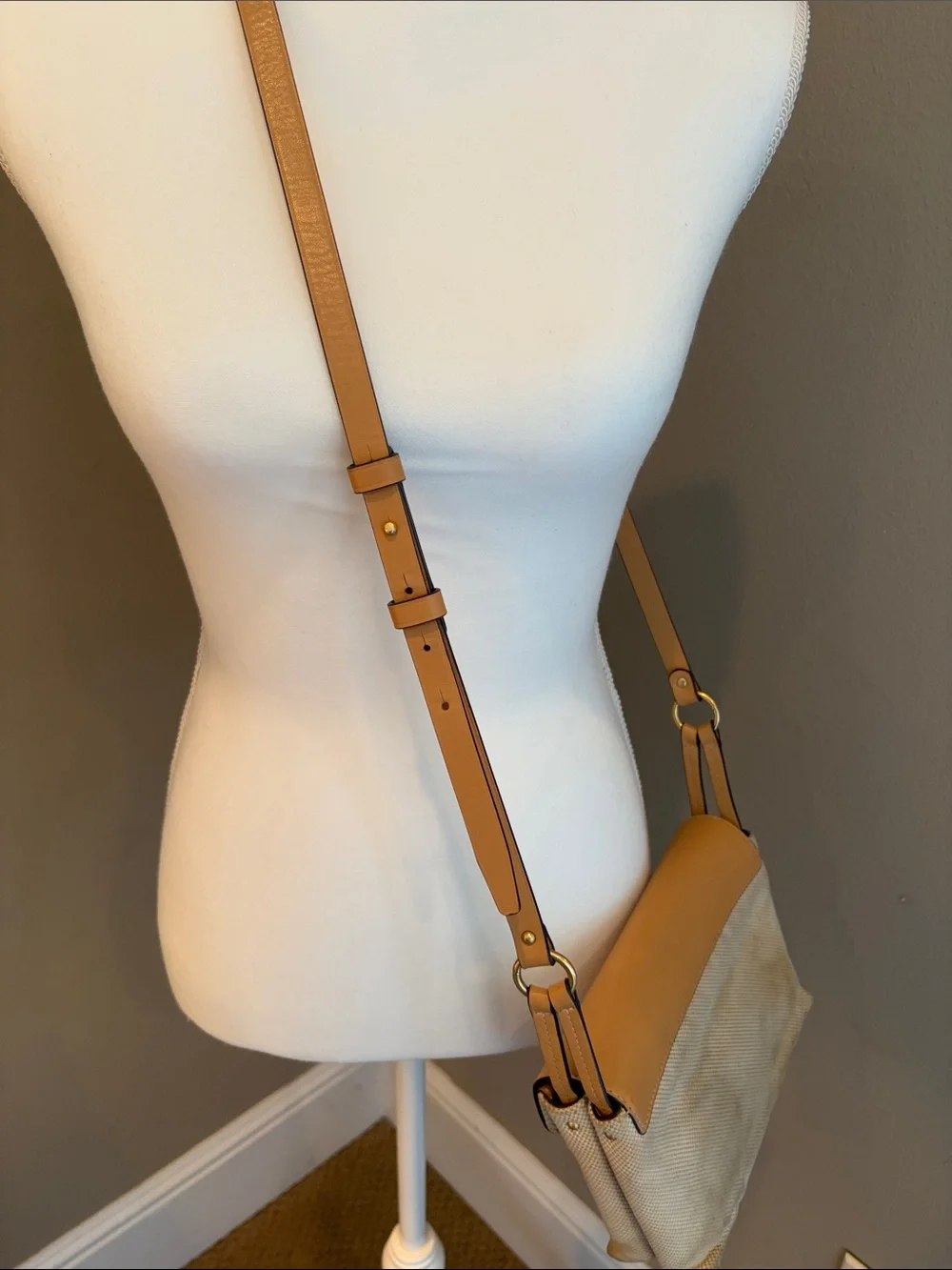 Tory Burch Tan Leather-Trim Crossbody with Signature Medallion